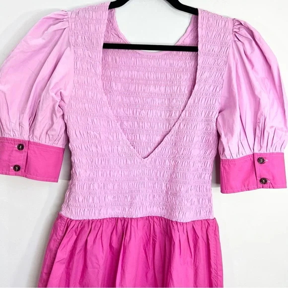NWT GANNI COLOUR BLOCK Organic COTTON POPLIN SMOCKED MINI DRESS IN PHLOX PINK 38 - Picture 7 of 17
